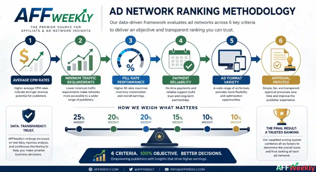 AFFWeekly methodology for evaluating top high CPM ad networks