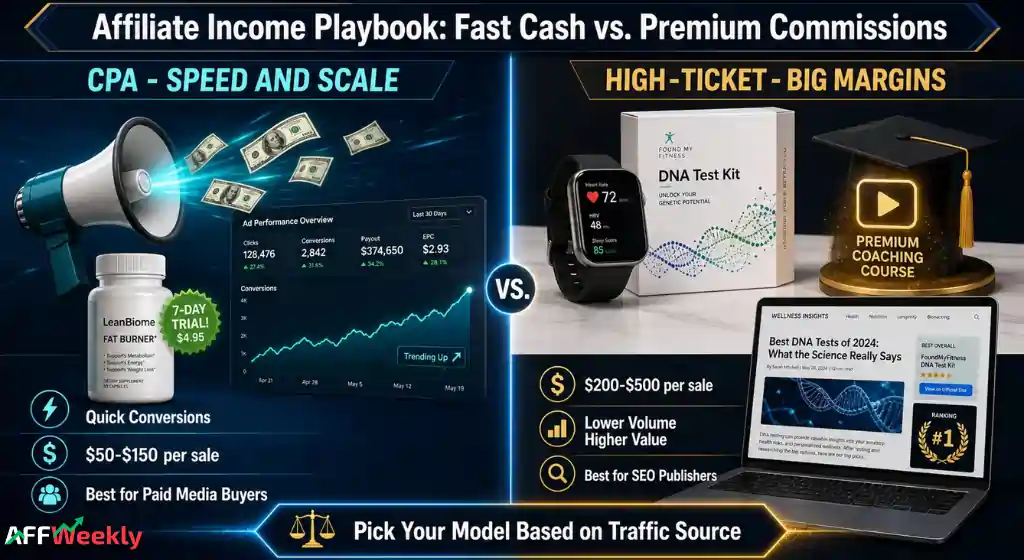 Comparison chart of high-ticket and CPA health affiliate program commissions