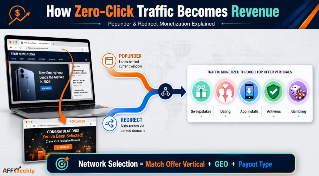 Affiliate network dashboard for popunder redirect traffic