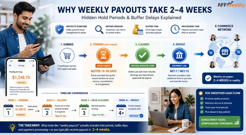 Affiliate payment hold periods extending weekly payout schedules