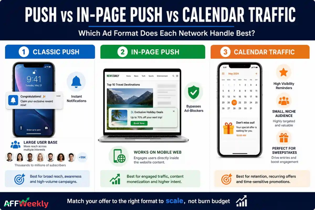 Comparison of push, in-page push, and calendar traffic formats