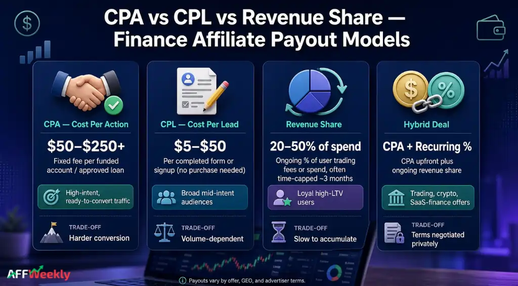 Finance affiliate payout model comparison overview