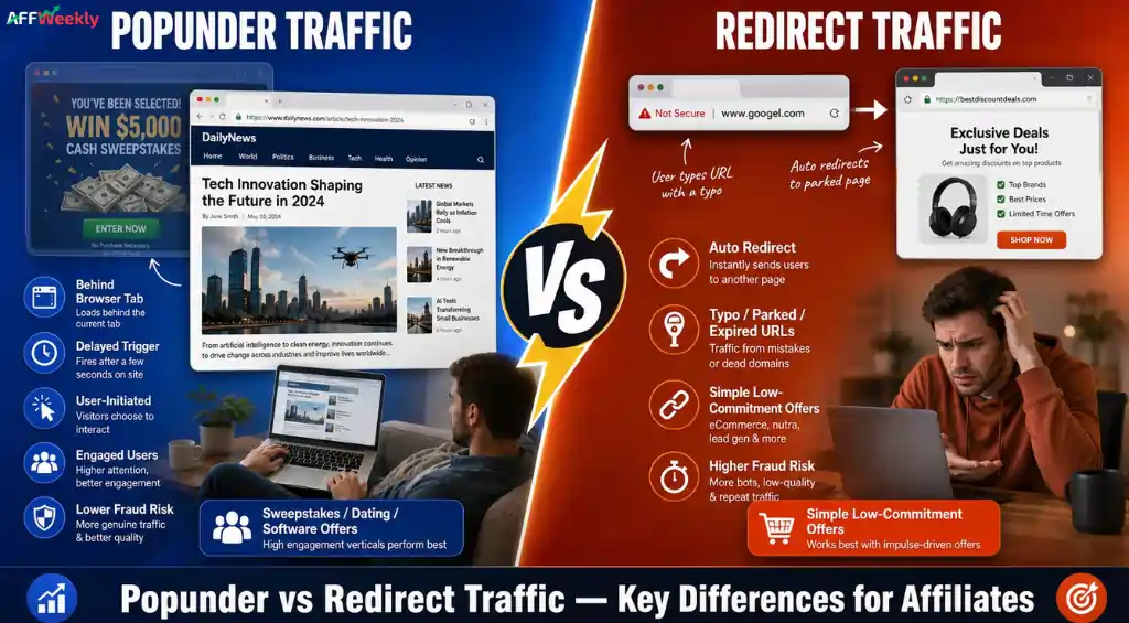 Popunder and redirect traffic differences for affiliates