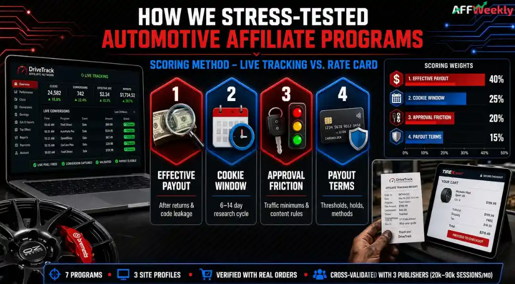 Automotive affiliate program stress testing and scoring
