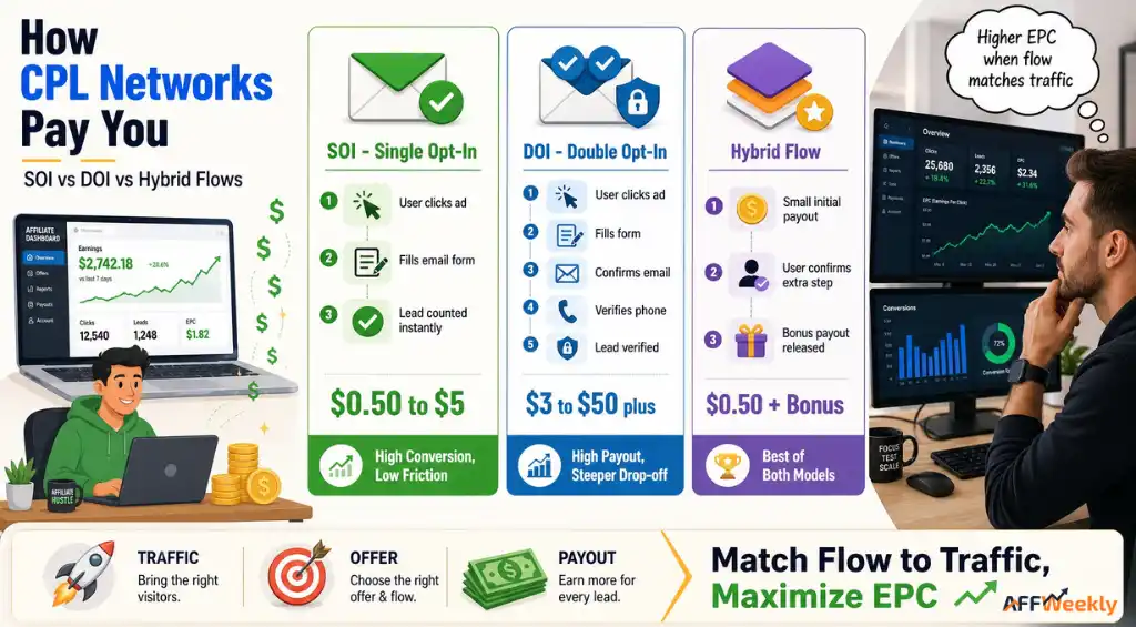 CPL affiliate networks SOI DOI hybrid payment flows