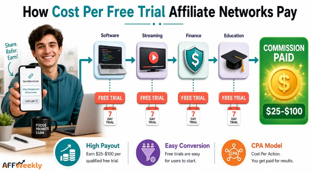 Cost per free trial affiliate network payment model