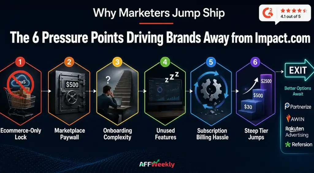 When Impact.com Still Beats Every Alternative on This List
Switching platforms makes sense only when the mismatch is structural. Plenty of programs run better on Impact.com than on anything cheaper, and leaving would mean rebuilding capability you already paid to develop.
Four scenarios favour staying put:
Multi-channel partnerships under one roof: Affiliates, influencers, creators, referrals and brand-to-brand collaborations share a single contract and payout system. Replacing that bundle usually means running three separate tools.
Enterprise-scale marketplace recruitment: The ~90,000-partner marketplace outsizes anything the lightweight alternatives offer. Consumer-facing retail, travel and app brands find relevant publishers faster there.
Contract automation at volume: Custom terms, tiered payouts and automated partner agreements across hundreds of relationships stay difficult to replicate on /month tooling.
Global compliance and brand protection: Multi-region payouts, tax handling and monitoring infrastructure carry real cost when rebuilt elsewhere.
A useful test: list the Impact.com modules your team opens weekly. Heavy usage across three or more signals the platform earns its price. Light usage of one or two points toward a specialised replacement.
Brands replacing Impact.com due to failures