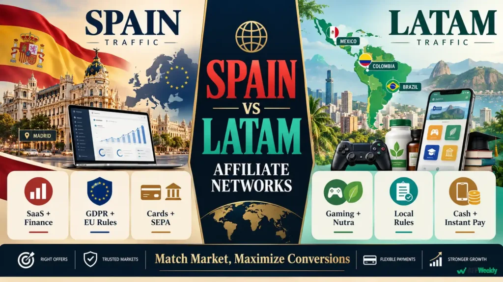 Spain vs LATAM affiliate network differences infographic